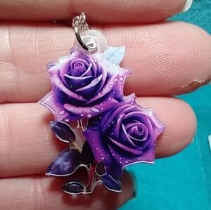 Purple rose water drop wire dangle earrings roses